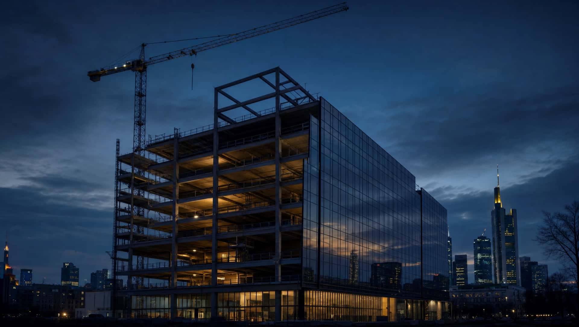 Moderner Rohbau mit Glasfassade und Kran vor der Frankfurter Skyline zur blauen Stunde