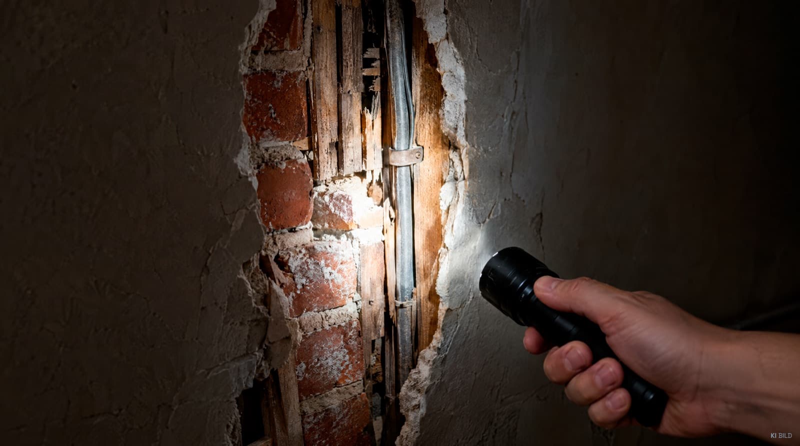Hand mit Taschenlampe leuchtet in eine aufgebrochene Altbauwand mit Ziegelmauerwerk, Holzlatten und einem alten Leitungsrohr