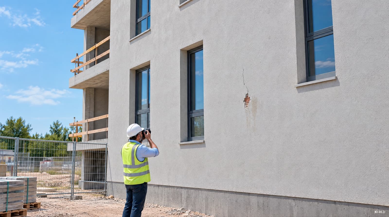 Mann mit Schutzhelm und Warnweste fotografiert einen Riss im Putz an der Fassade eines neuen Mehrfamilienhauses