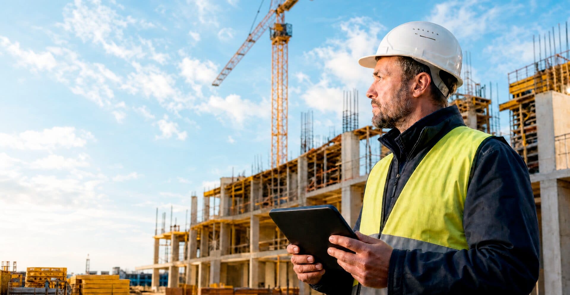 Baucontrolling auf der Baustelle: Bauleiter prüft den Soll-Ist-Vergleich der Baukosten am Tablet