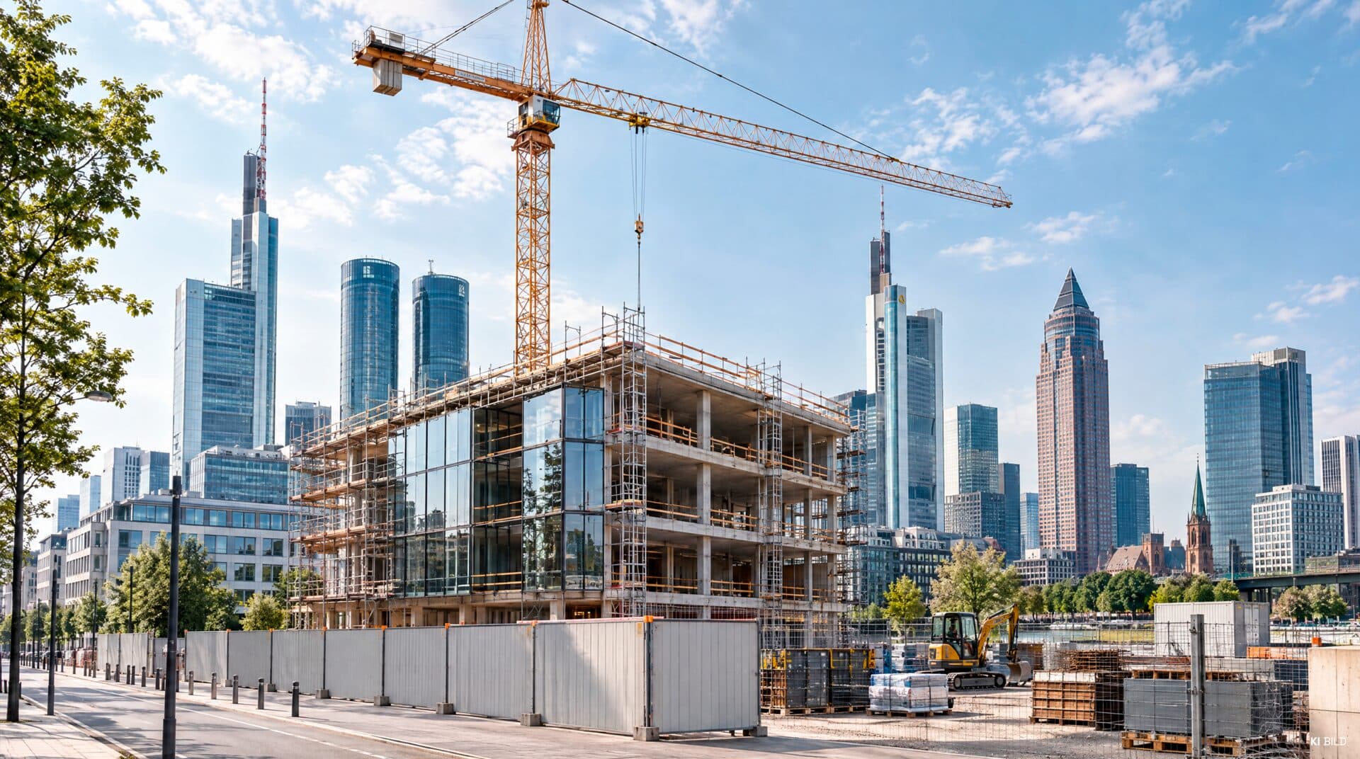 Rohbau mit Glasfassade und Kran vor der Frankfurter Skyline