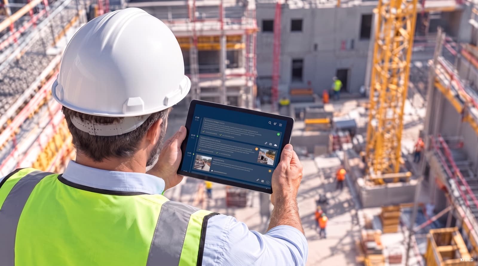 Mann mit weißem Schutzhelm und Warnweste hält ein Tablet mit Einträgen und Fotos über eine Rohbaustelle mit Kran und Arbeitern
