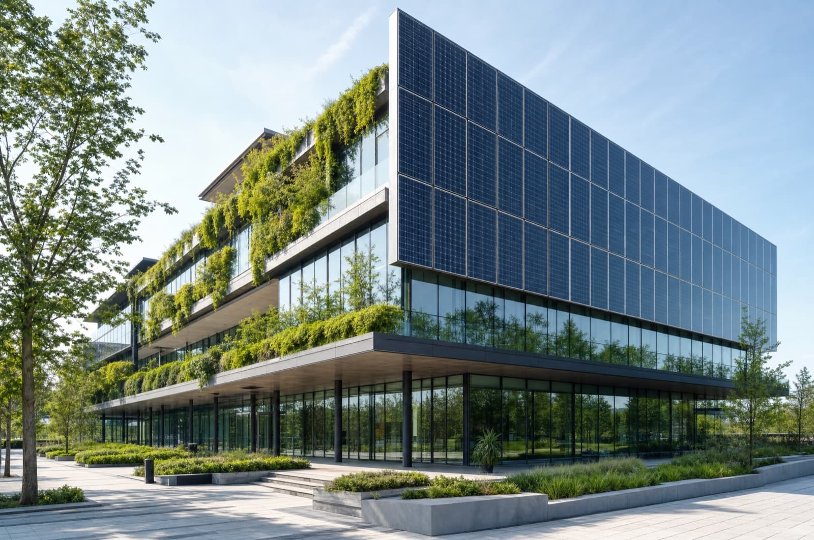 Modernes nachhaltiges Bürogebäude mit Photovoltaik-Fassade