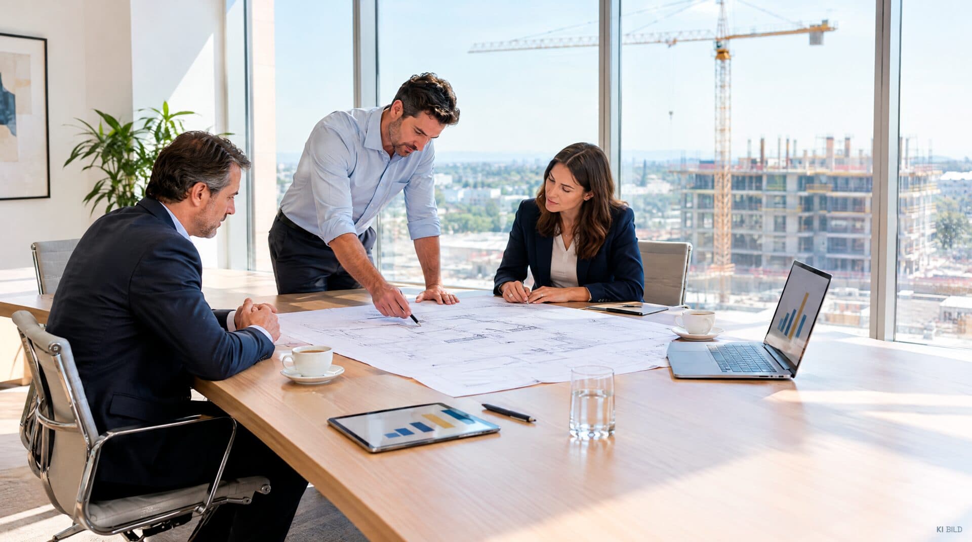 Projektbesprechung mit Bauplänen am Konferenztisch, im Hintergrund eine Baustelle mit Kran