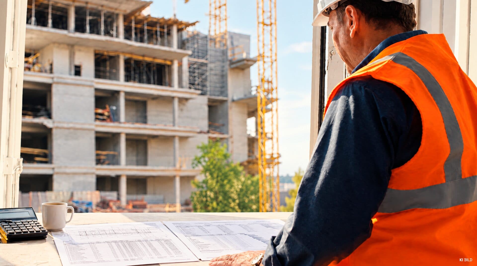 Bauleiter mit Warnweste prüft Leistungsverzeichnis am Fenster mit Blick auf den Rohbau