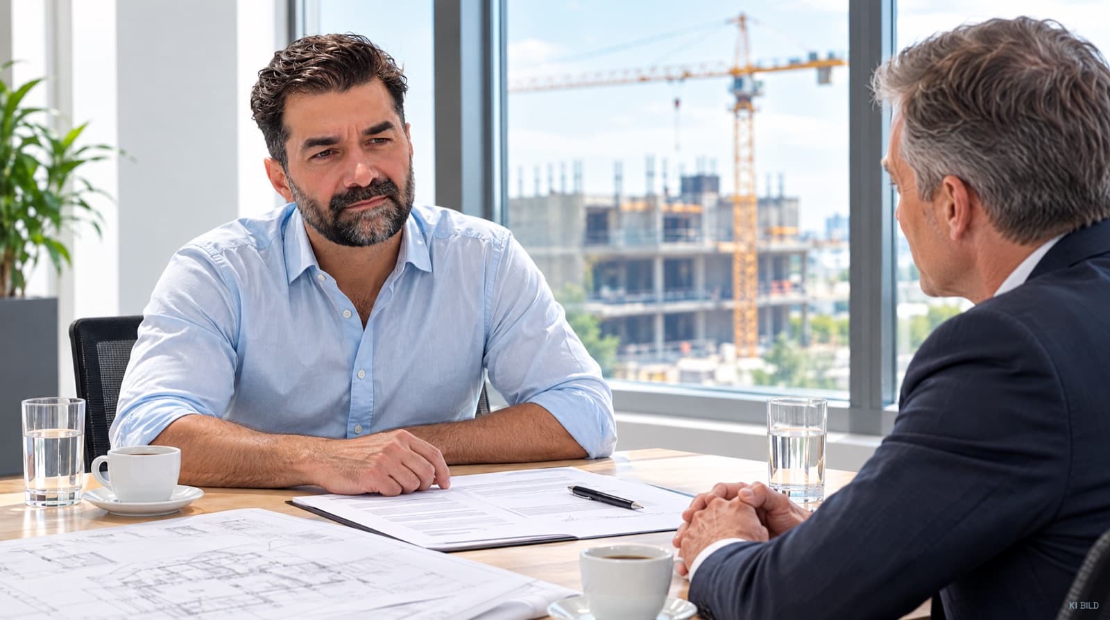 Zwei Männer im Gespräch am Besprechungstisch mit Vertragsunterlagen, Bauplänen und Kaffeetassen, im Fenster ein Rohbau mit Turmdrehkran