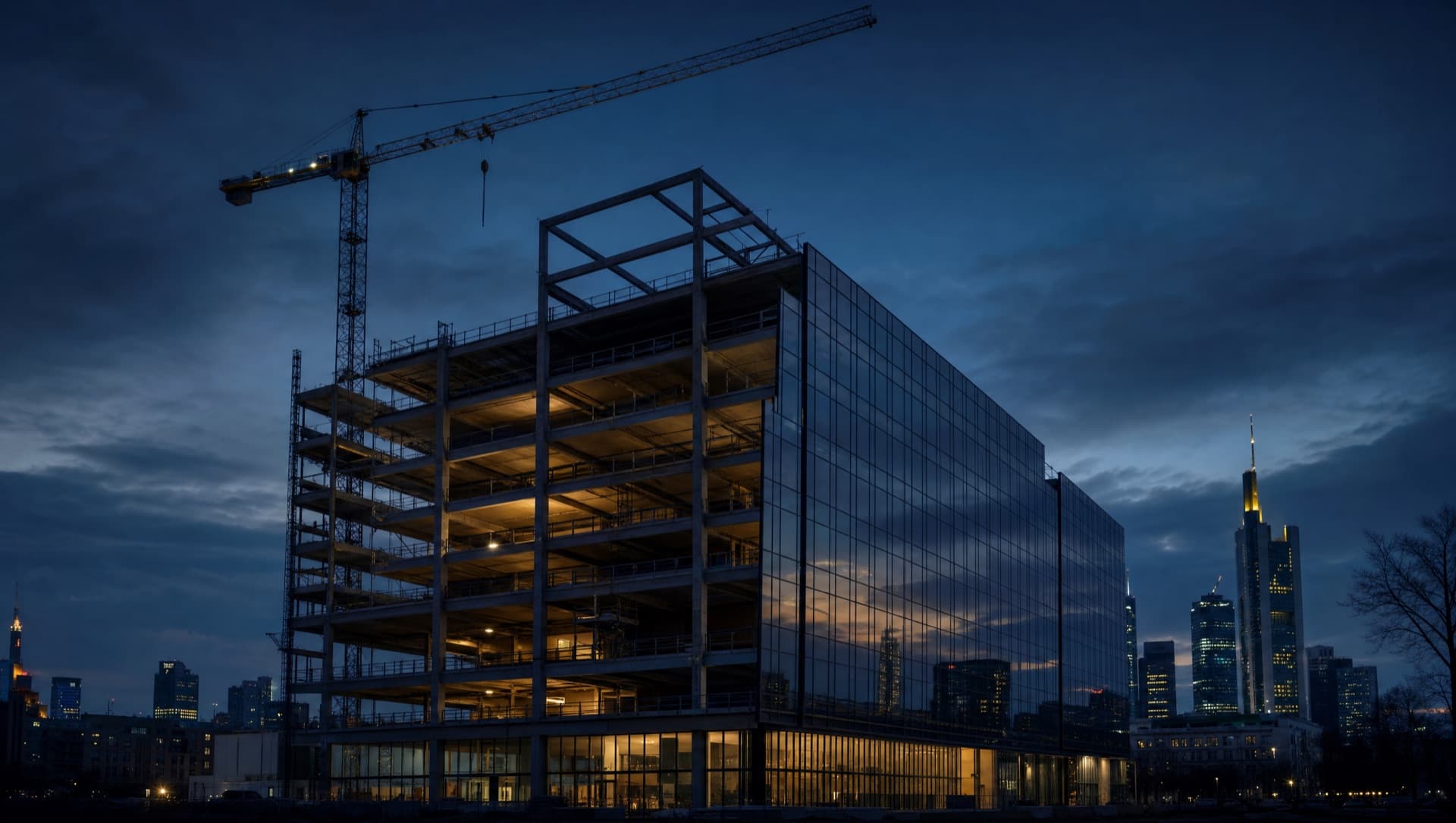 Moderner Rohbau mit Glasfassade und Kran vor der Frankfurter Skyline zur blauen Stunde