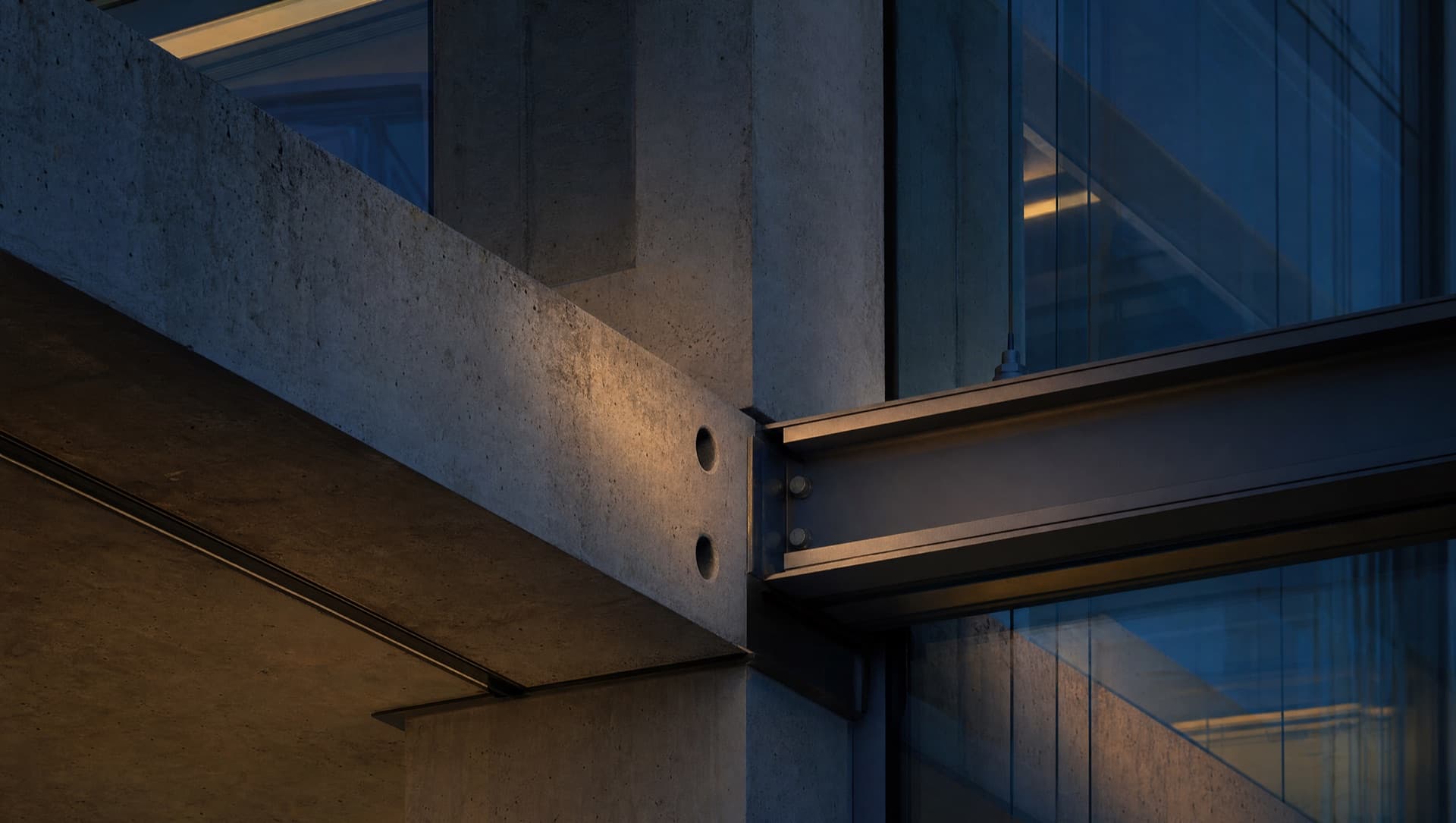 Architektonisches Detail: Betonträger, Stahlanschluss und Glasfassade in Nahaufnahme
