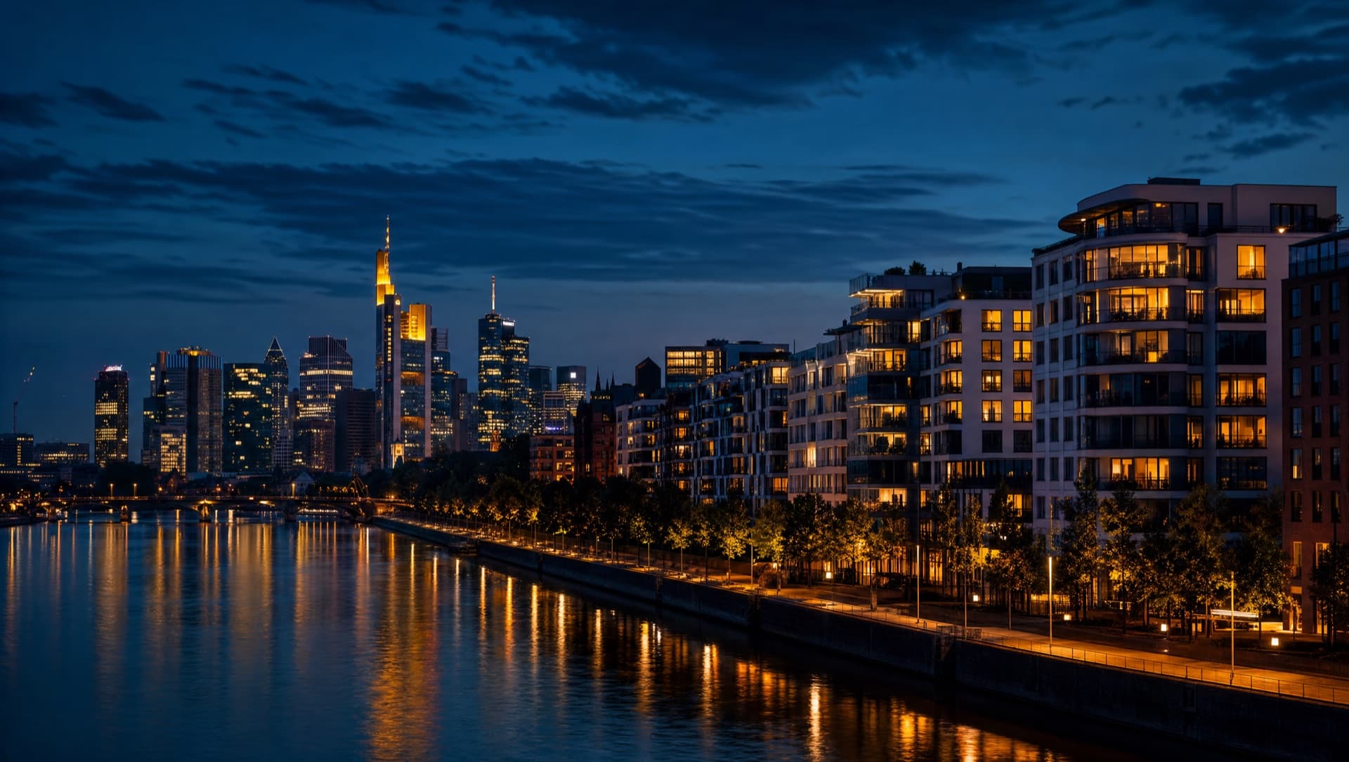 Offenbach am Main mit moderner Uferbebauung und Frankfurter Skyline zur blauen Stunde