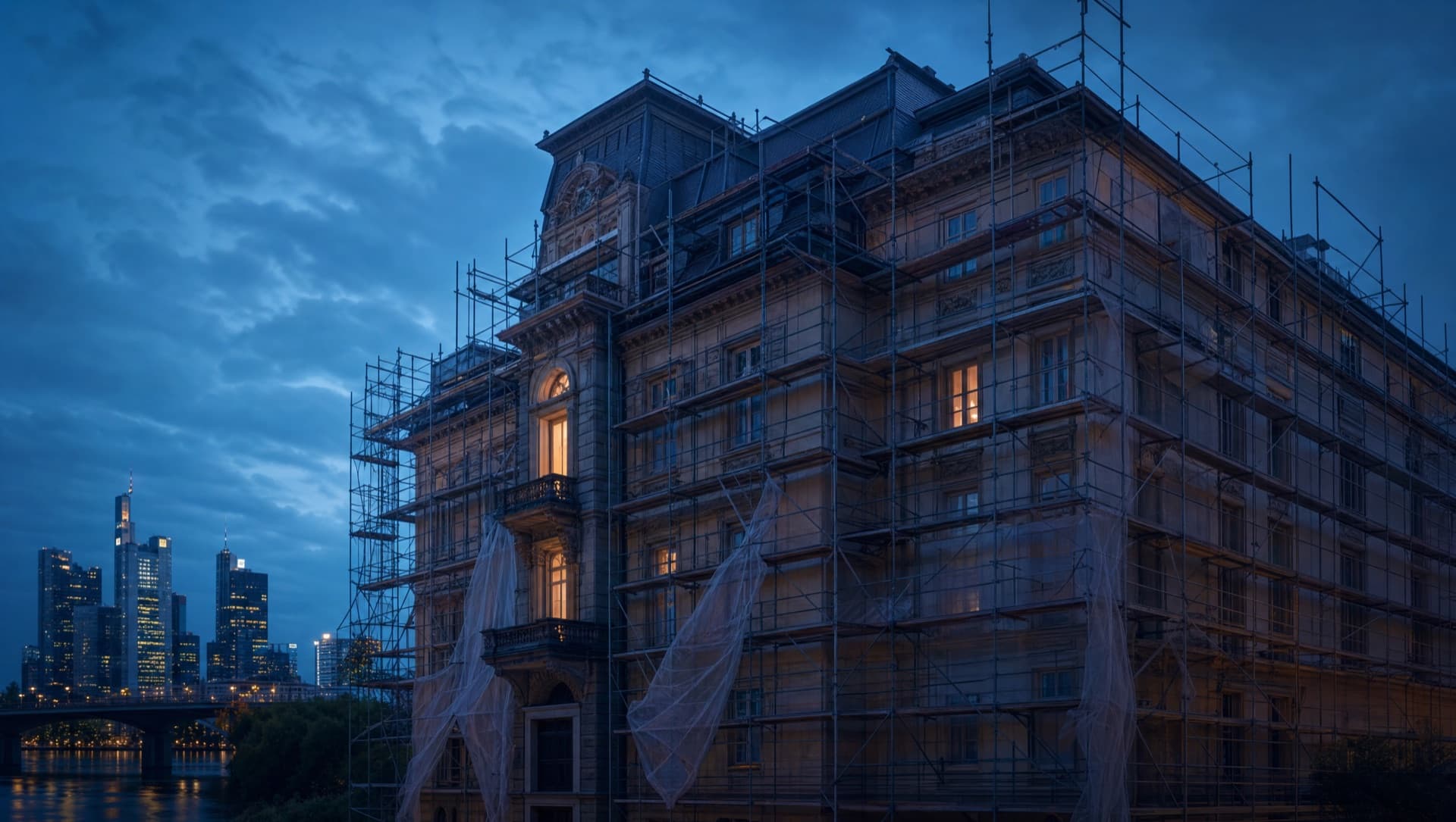 Historische Gebäudefassade im Sanierungsgerüst vor der Frankfurter Skyline zur blauen Stunde