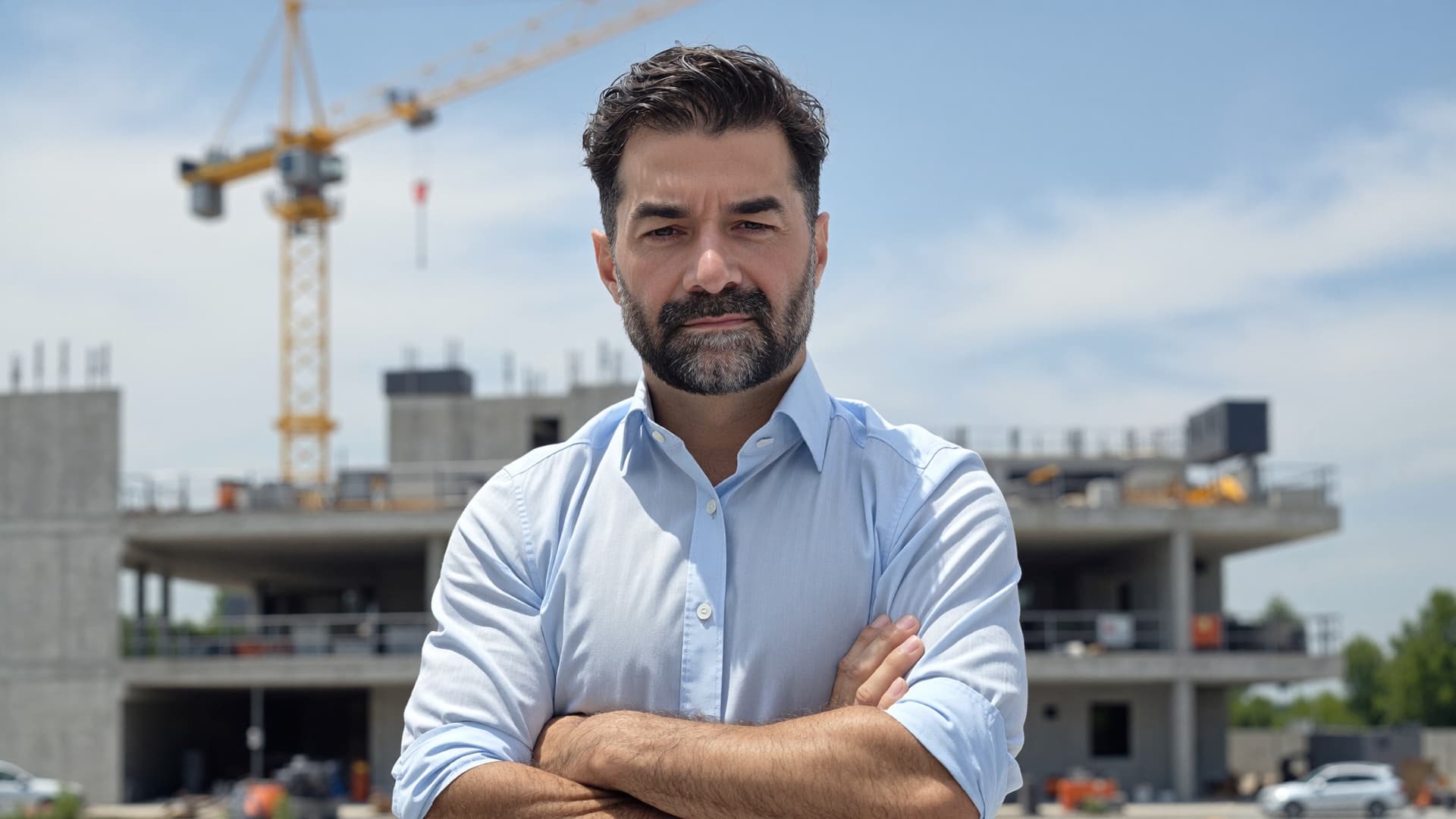 Qais Wakil vor einer Baustelle mit Kran